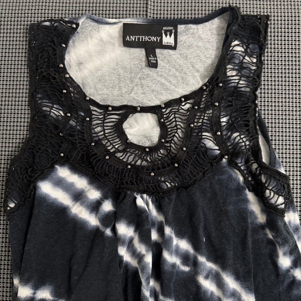 Antthony Womens Black Tie Dye Sharkbite Tunic Crochet Lace Studded Tank Top L - Picture 3 of 5
